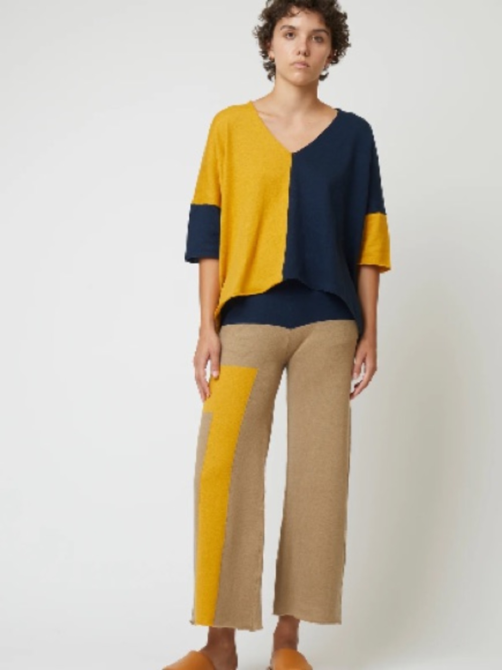 Atelier Delphine Colorblock Top Cream Camel Dolman V-Neck Organic Cotton S - Picture 7 of 8